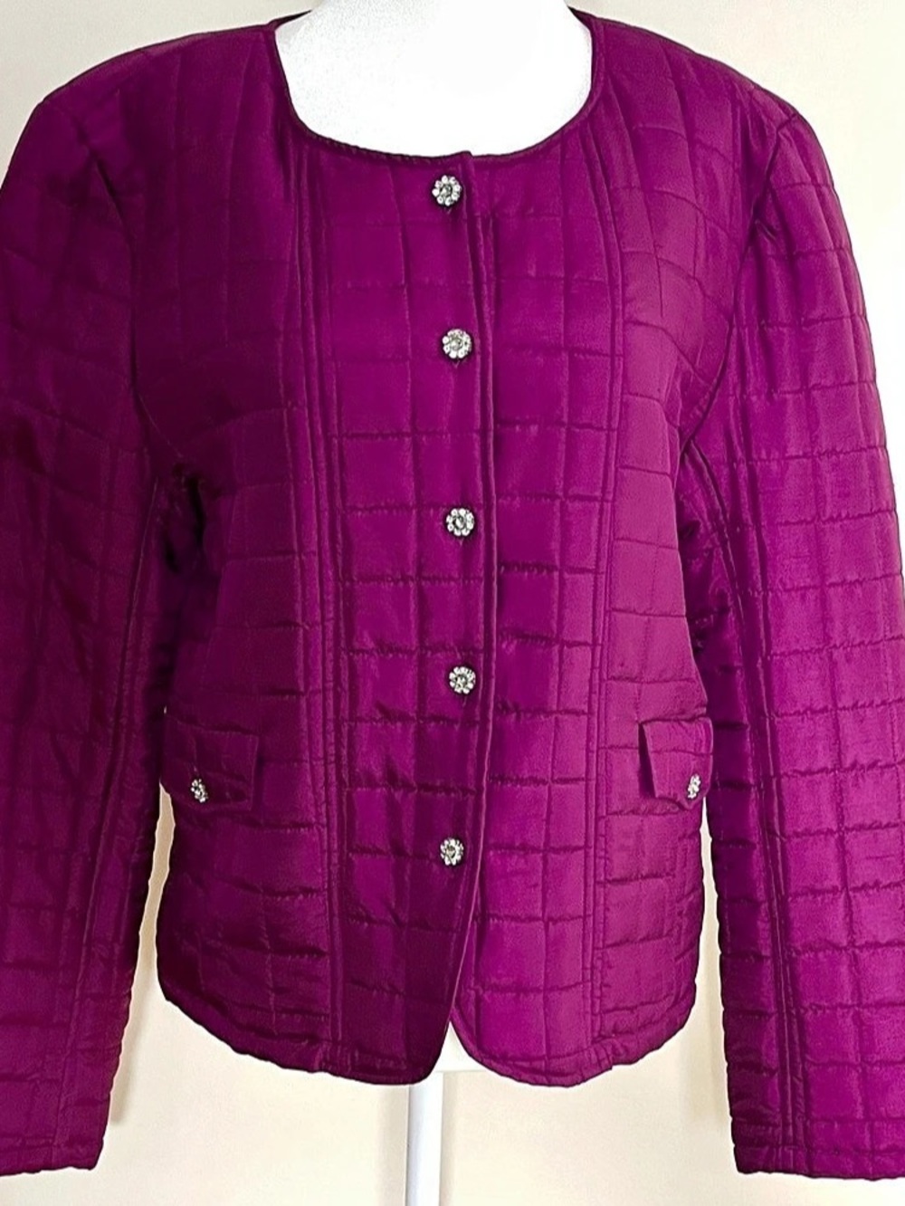Carol Little Vintage 90s 100% Silk Quilted Jacket in Magenta Purple Size XL